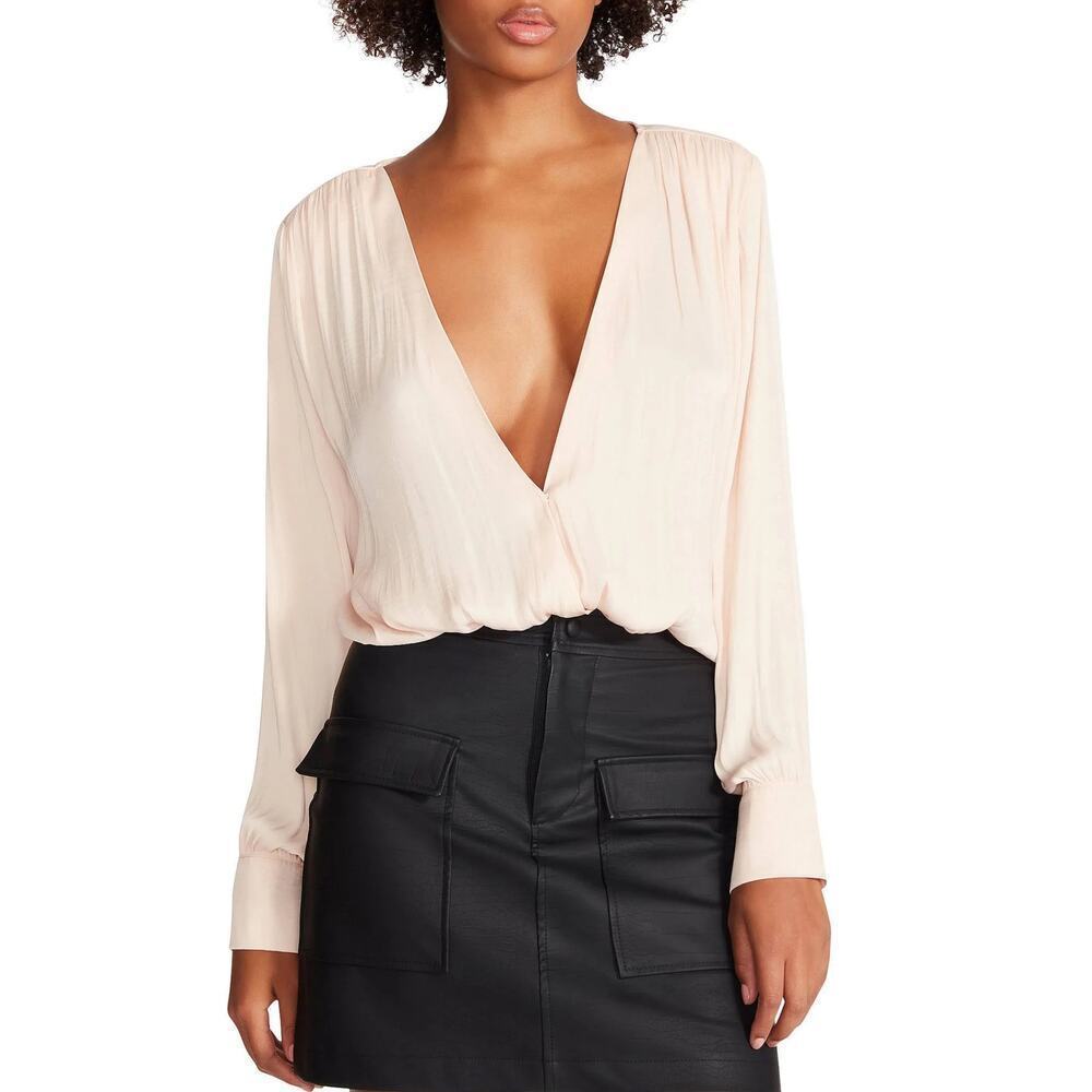 New Steve Madden Tamaira Satin Bodysuit Women's S Cream Tan V-neck Long Sleeve
